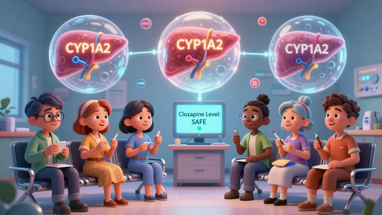 Diverse patients in clinic with glowing liver cells showing how different nicotine products affect clozapine metabolism.