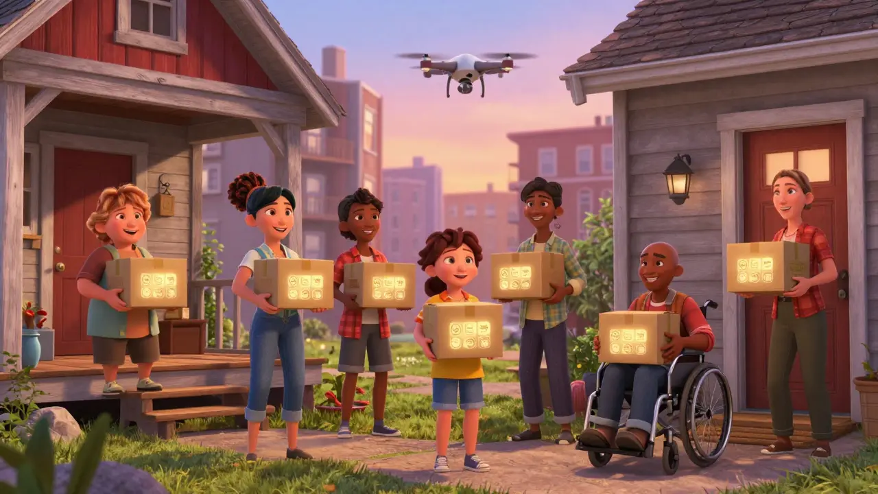 Diverse people receiving medication deliveries at home, with insulated boxes and glowing safety icons.