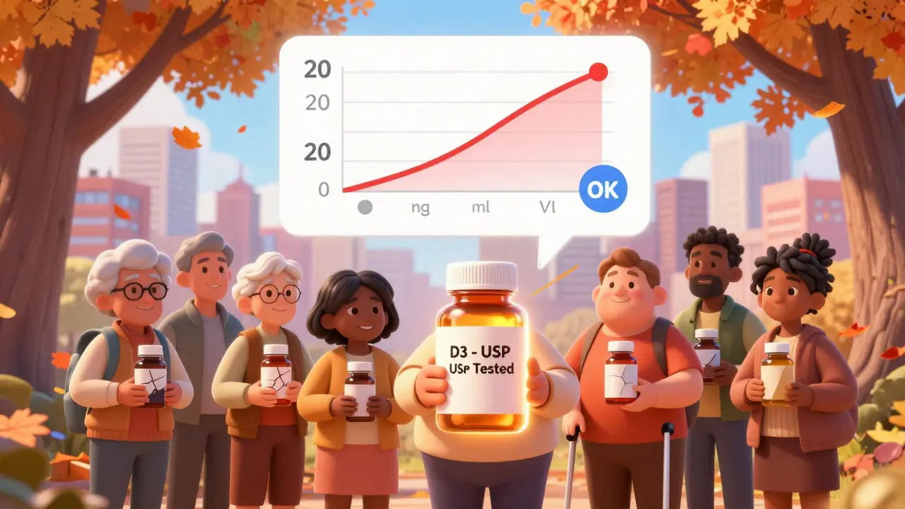 Diverse people under a tree, one holding a tested D3 supplement, with a blood test chart showing optimal levels.
