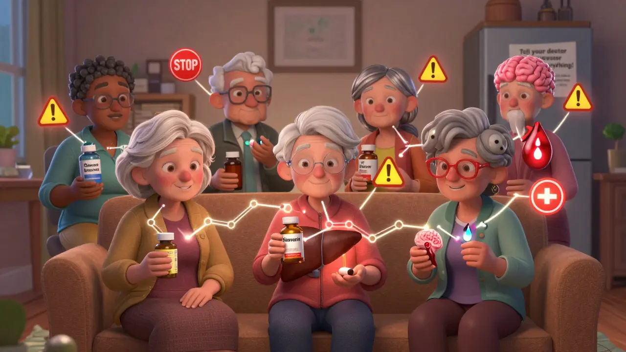 Elderly people connected by warning symbols to their supplements, showing hidden drug interactions.