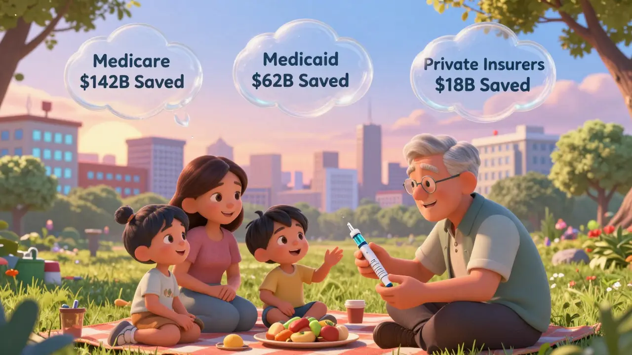 Family picnic with insulin pen, floating dollar clouds representing healthcare savings above them.