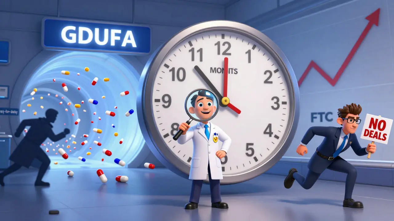 FDA clock counting down approval time as generic drugs zoom through a tunnel, with anti-competition figures being chased away.