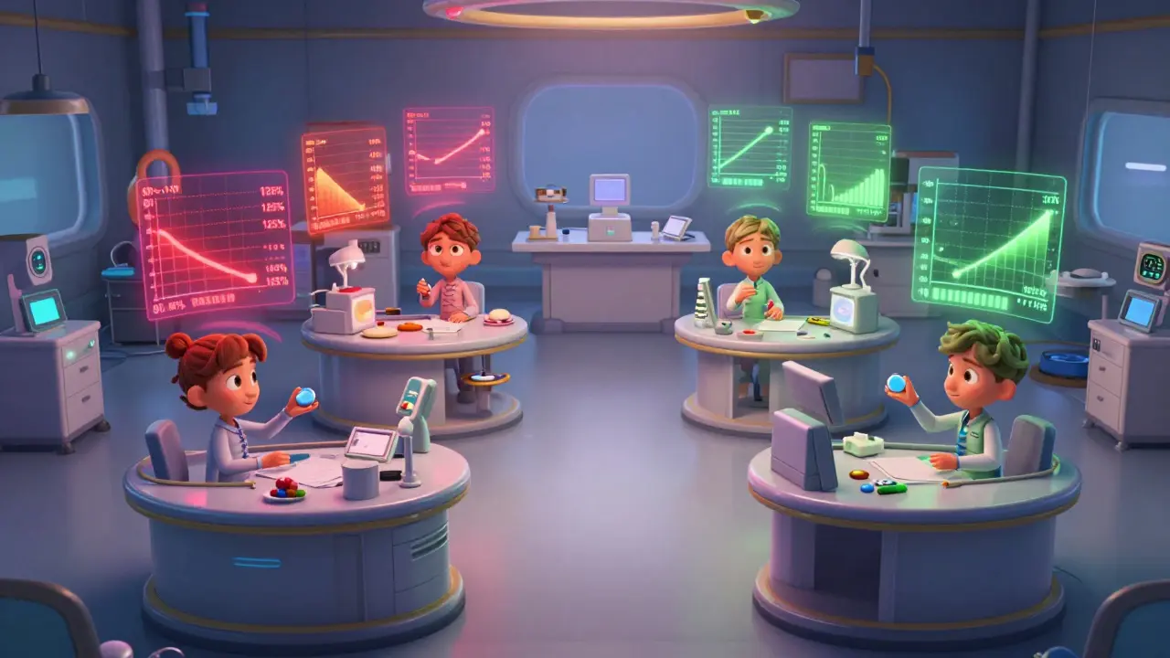 Four patients in a glowing lab undergoing repeated drug tests, surrounded by shifting data streams showing bioequivalence ranges.