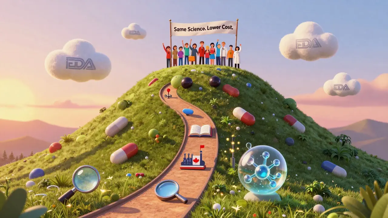 Friendly pill mountain with transparency, education, and biosimilars leading to a celebration at the peak.