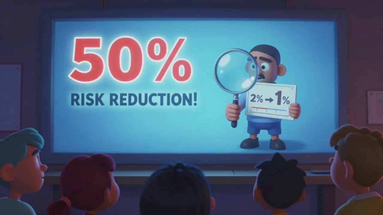 Glowing drug ad saying '50% reduction' while a tiny chart shows real 2% to 1% change