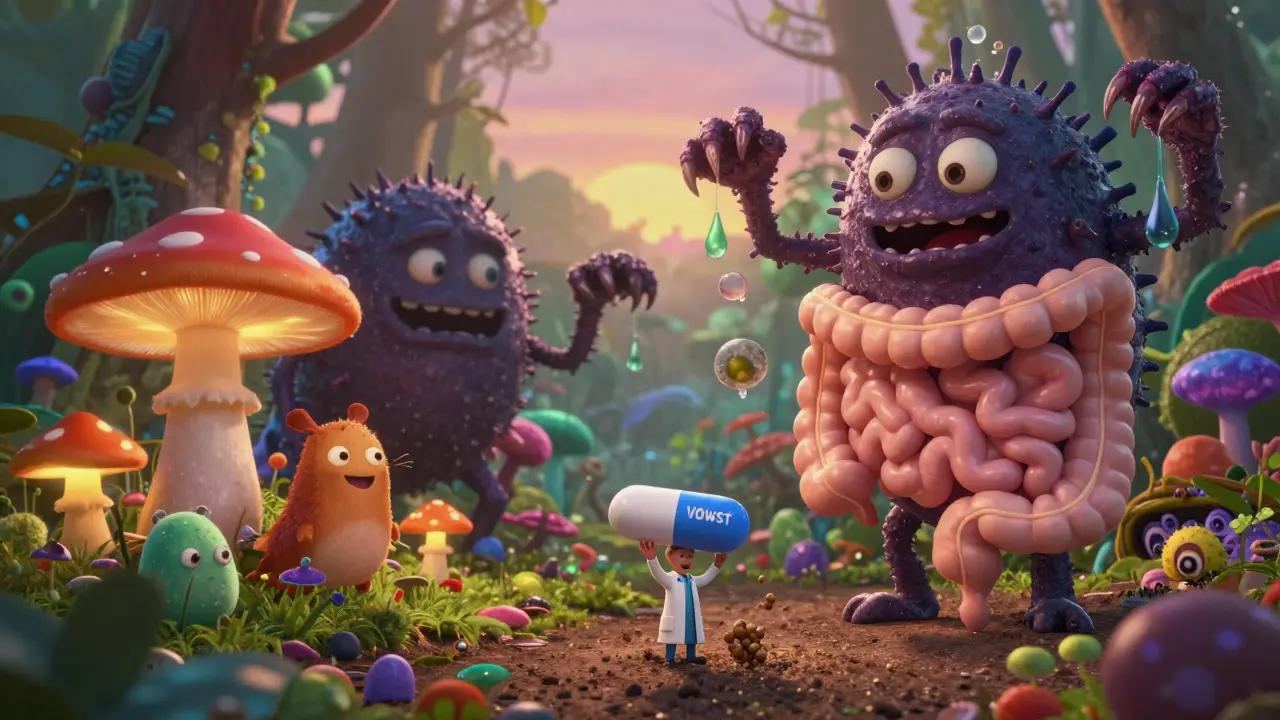 Gut as a forest with healthy bacteria under attack by toxic C. diff monsters, tiny healer planting a cure.