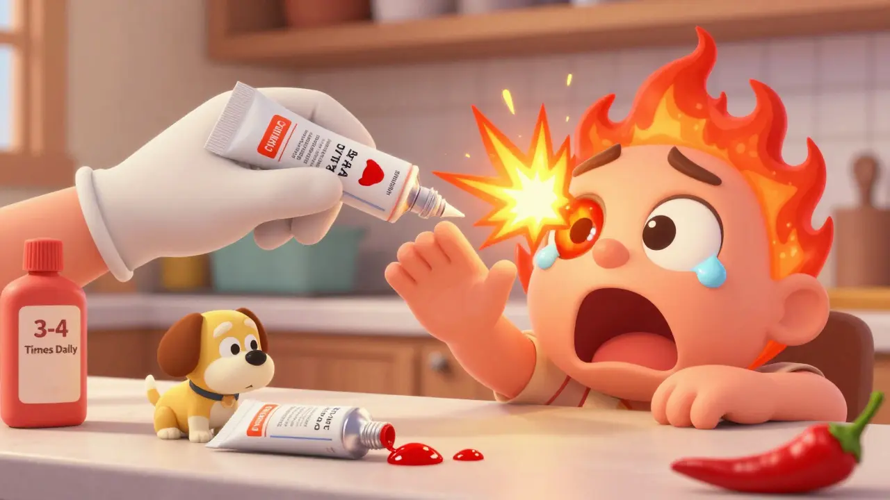 Hand applying capsaicin cream with gloves while another hand nearly touches eye