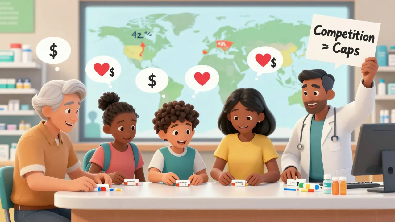 Happy patients receiving affordable generic prescriptions, with a global map showing U.S. as top generic drug buyer.