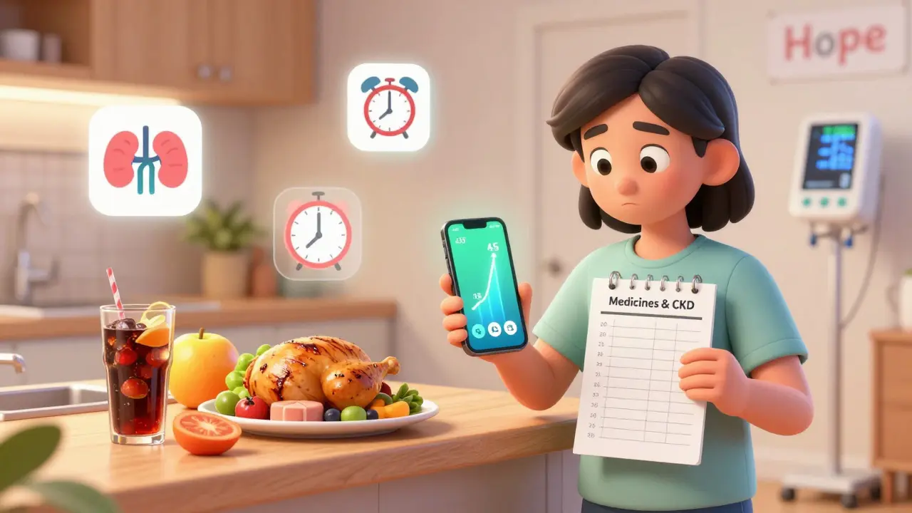 Patient using a kidney health app beside healthy food, with rising eGFR meter and alarm clock.