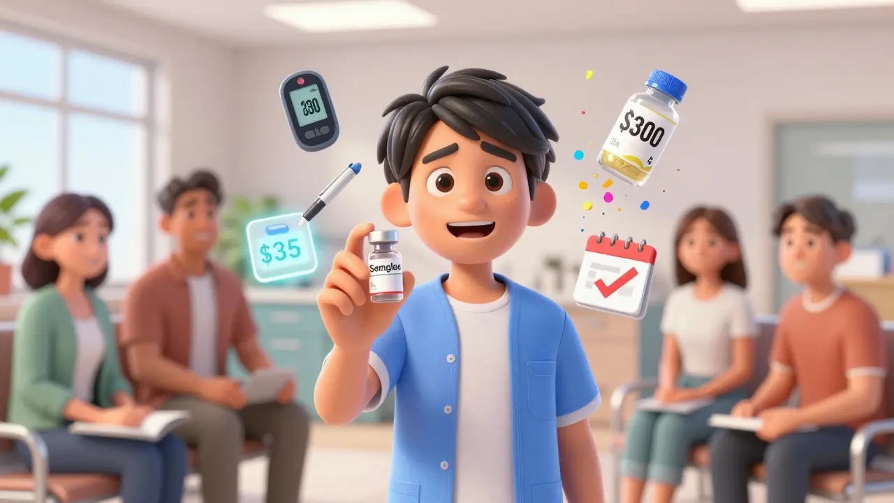 Person holding affordable biosimilar insulin vial with  tag, surrounded by health tools in a clinic.