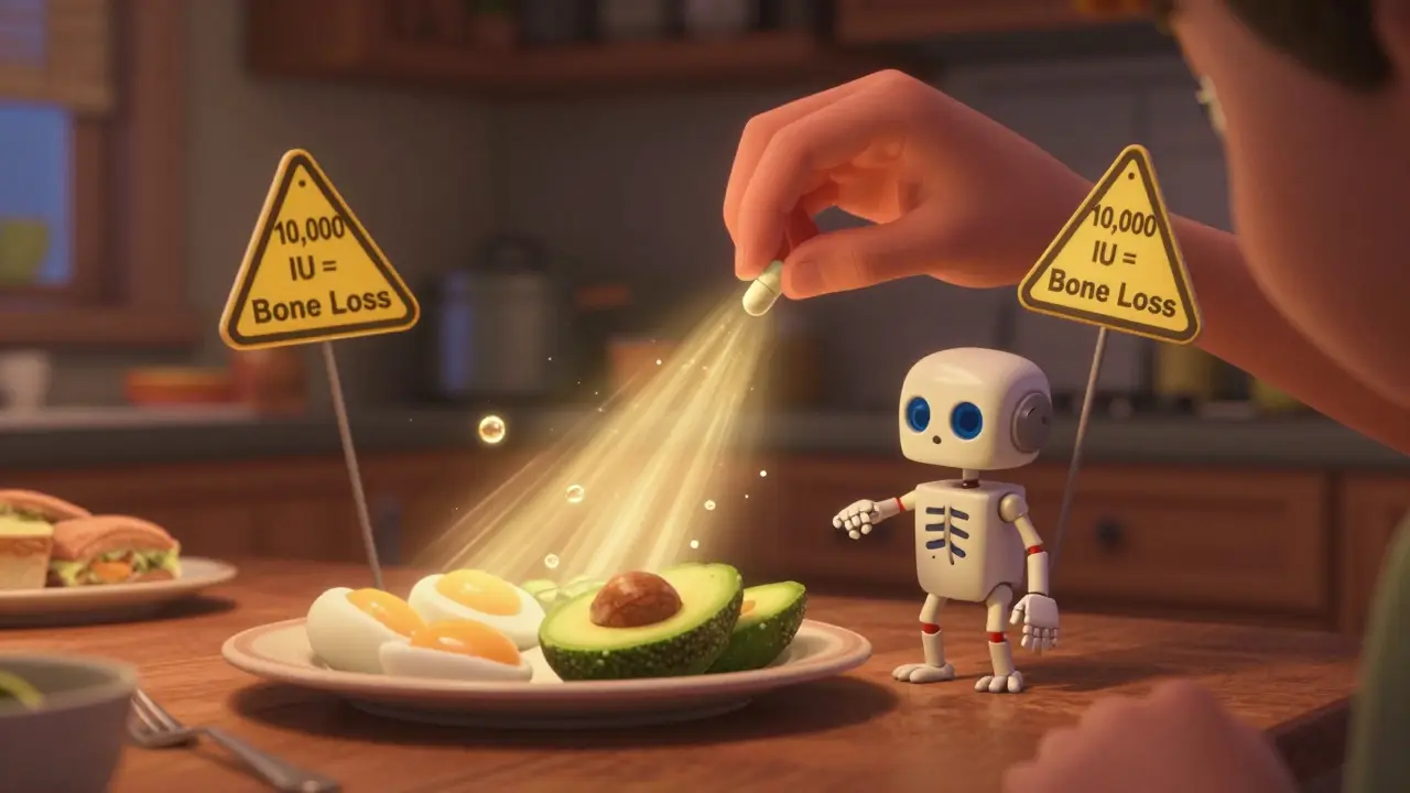 Person taking vitamin D with dinner, fat droplets turning to light, a bone builder robot, and a warning sign.