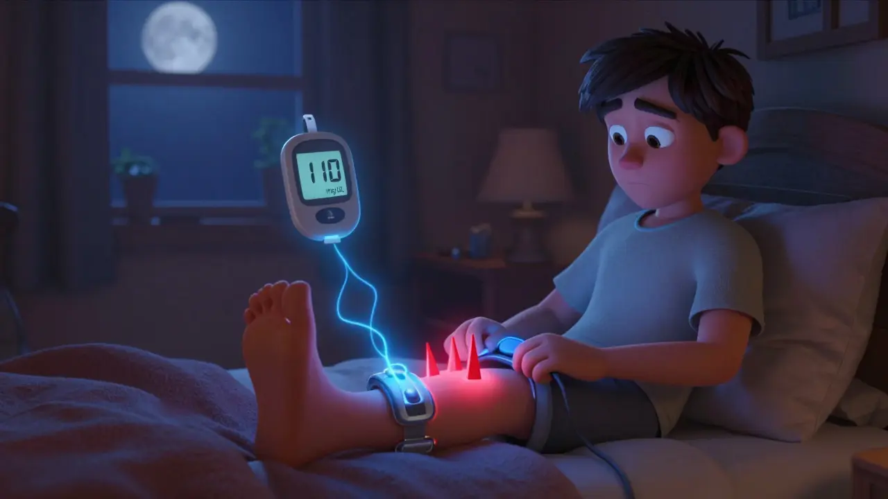 Person using a TENS unit at night with pain spikes blocked by blue pulses, blood sugar reading visible.