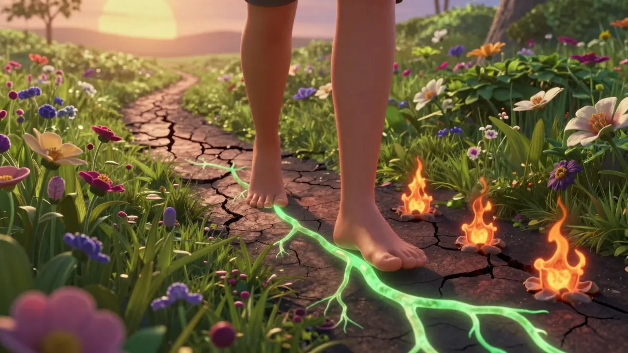 Person walking on a path of healthy nerves and flowers, leaving behind a fading damaged path.