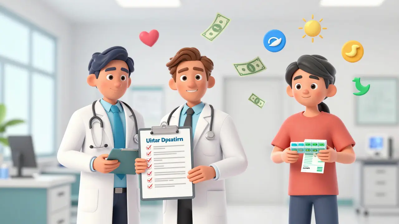 Pharmacist and doctor checking off medications as a patient walks away with fewer pills and lower costs.