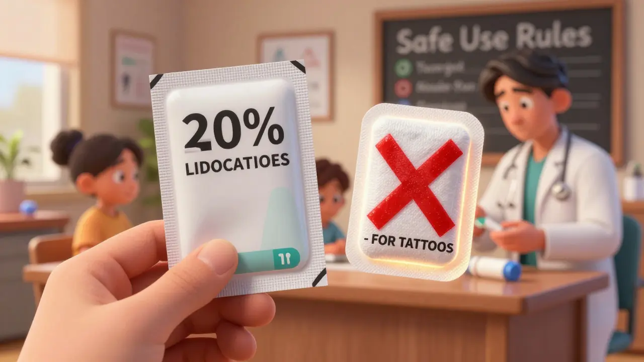 Pharmacist comparing safe and fake lidocaine patches with family in background