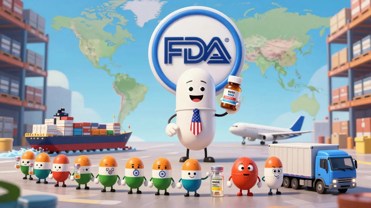 Pixar-style global supply chain: branded pill in New York, tiny pill workers traveling from India and China with FDA oversight in the background.