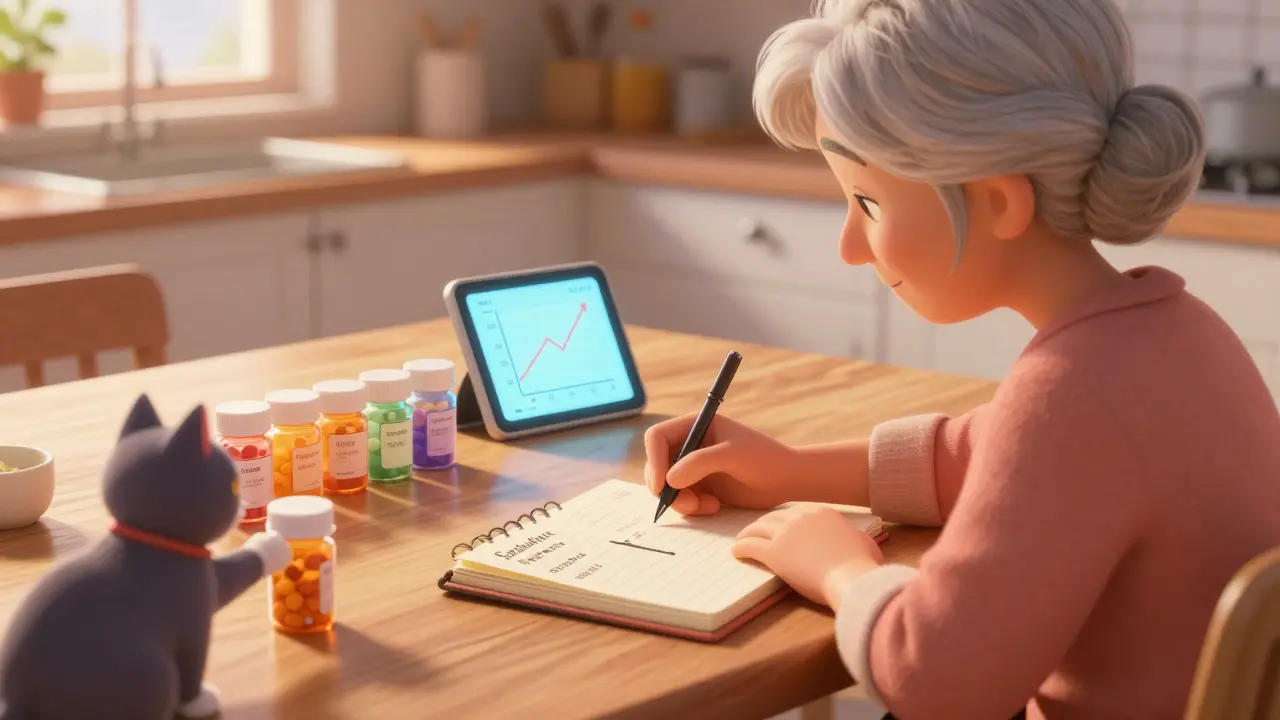 Senior woman writing down medication costs at her kitchen table with pill bottles and a journal nearby.