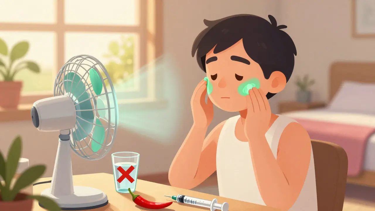 Someone applying green makeup to reduce redness, surrounded by lifestyle aids like a fan and water.