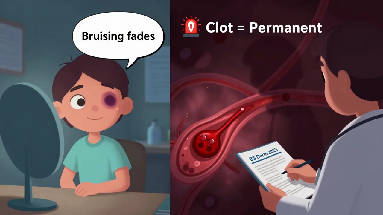 Split image: smiling patient with minor bruise vs. shadowy blood clot, emphasizing bruising is temporary but clots are dangerous.