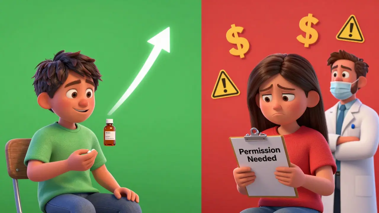 Split scene: happy patient saving money with generic vs stressed patient paying more for brand