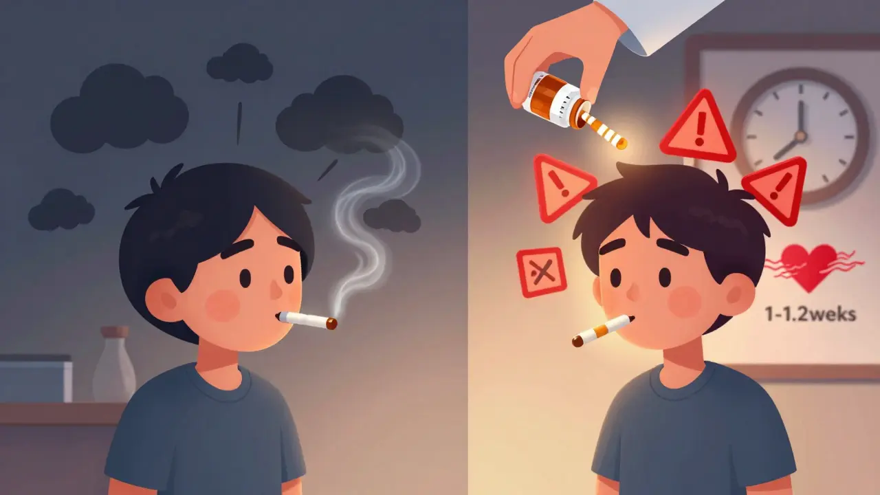 Split scene: person smoking with low drug levels vs. quitting with dangerously high levels and warning signs.