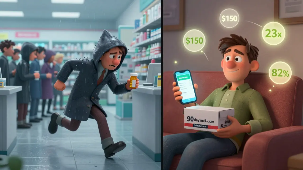 Split scene: stressed man at crowded pharmacy vs. relaxed man receiving meds at home.