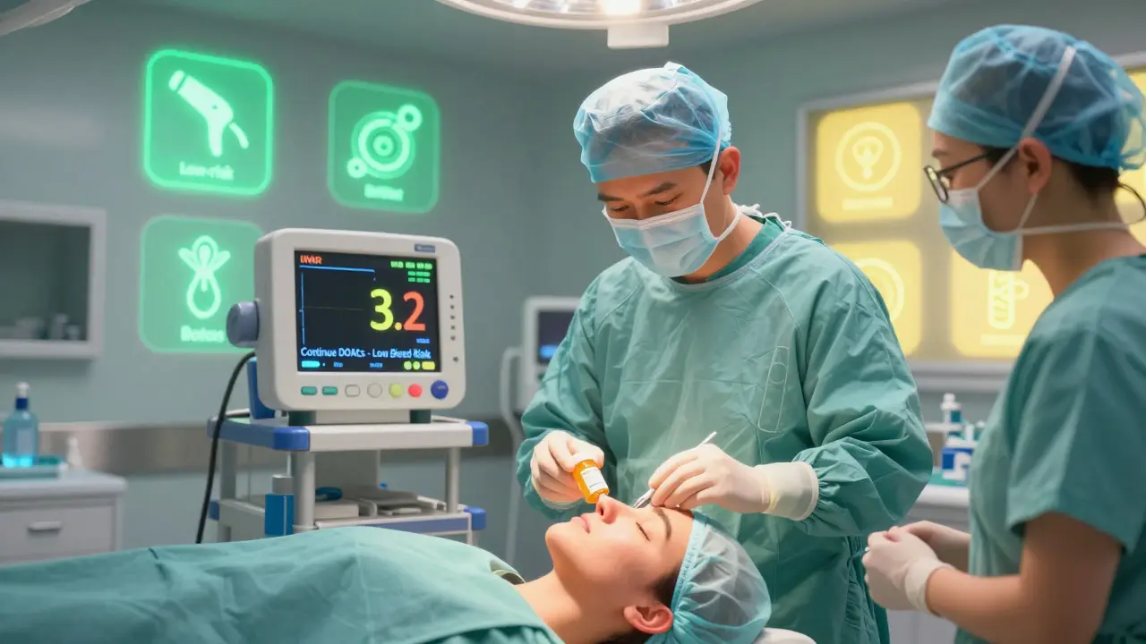 Surgical team preparing for rhinoplasty with INR monitor showing safe level and DOACs marked as safe to continue.