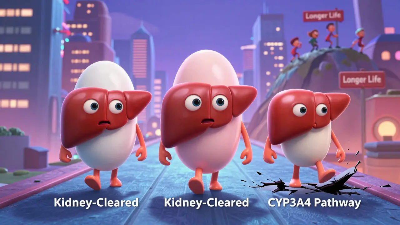 Three statin pills walking through a liver city, with one path crumbling and others glowing safely.