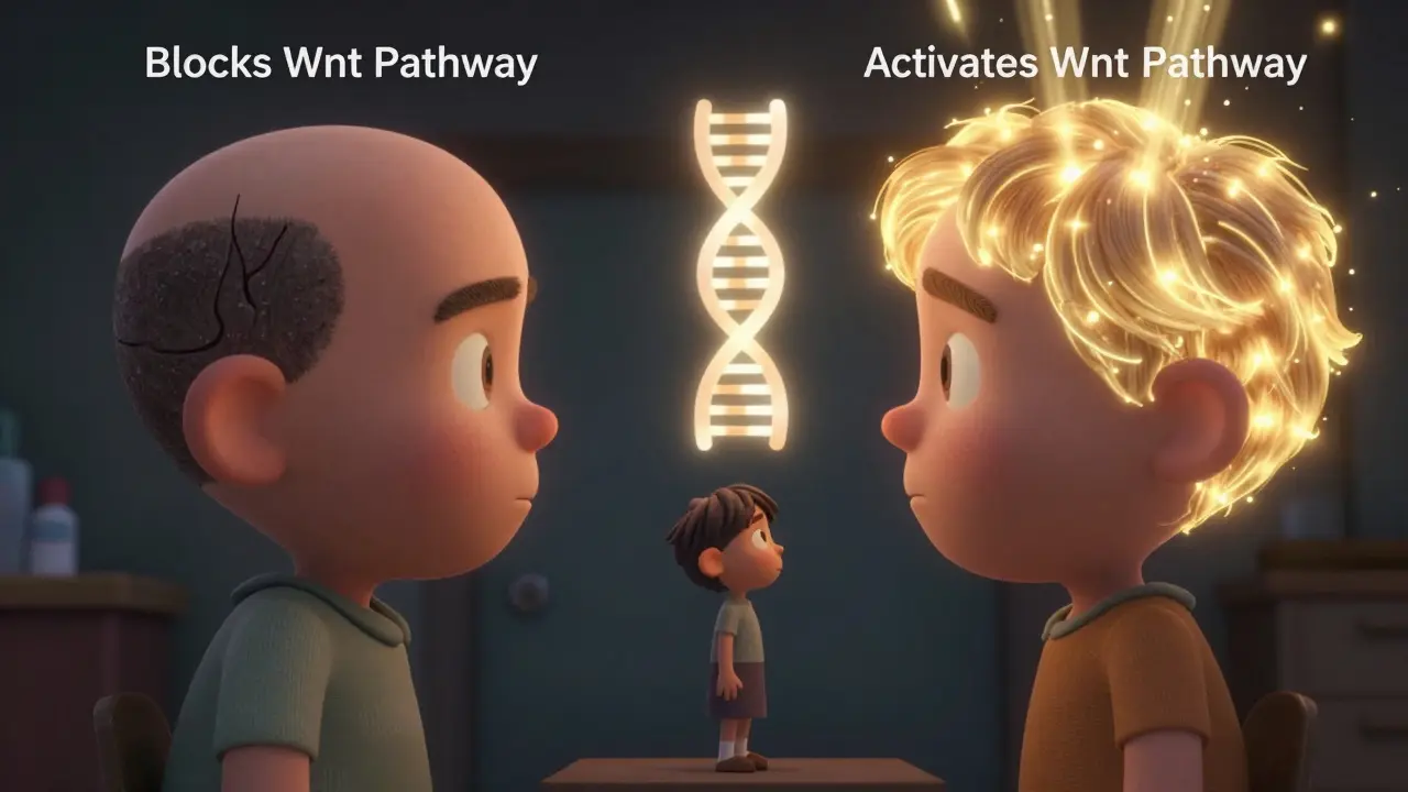Two figures representing immunosuppressant drugs—one with balding head, one with glowing hair—standing beside a patient.