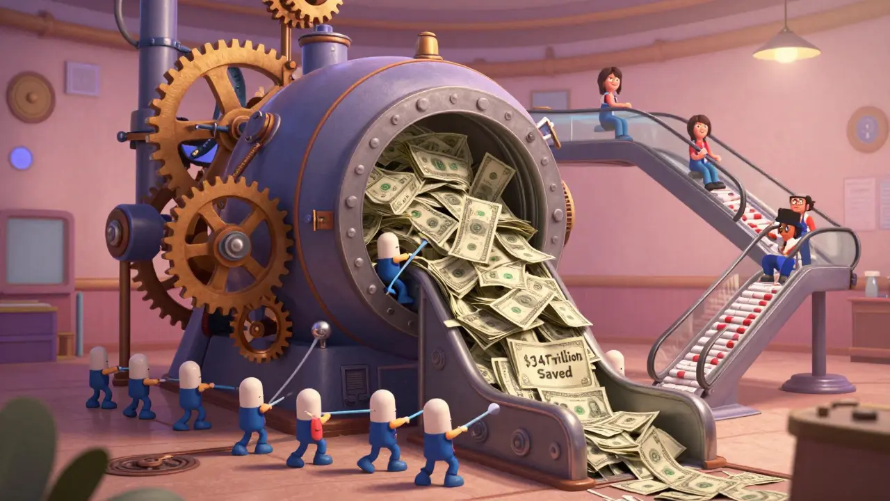 Whimsical healthcare machine turned by generic pill workers, draining brand-name costs into a savings vault.