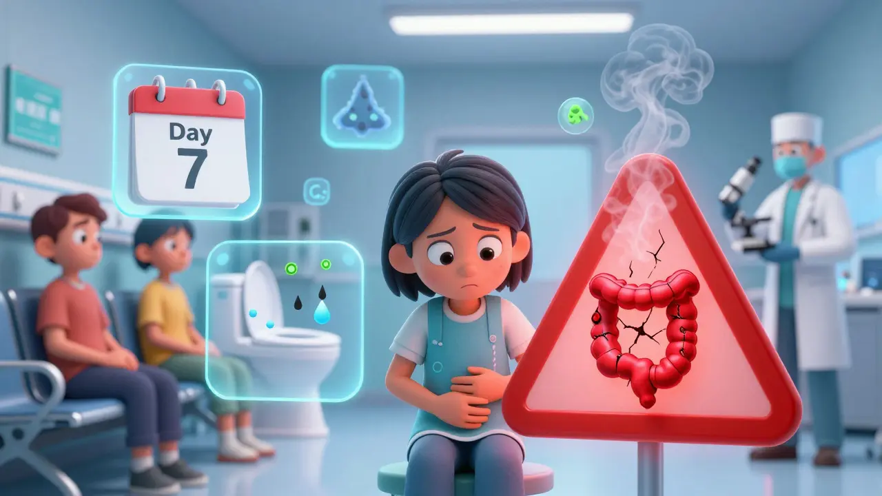 Worried patient in hospital with floating icons showing C. diff symptoms and warning signs.