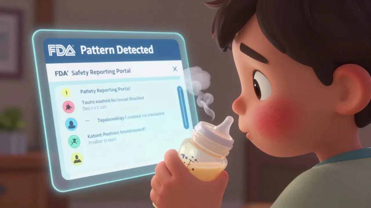 A child with a rash beside a glowing FDA report being submitted, with symptom icons rising into a safety alert cloud.