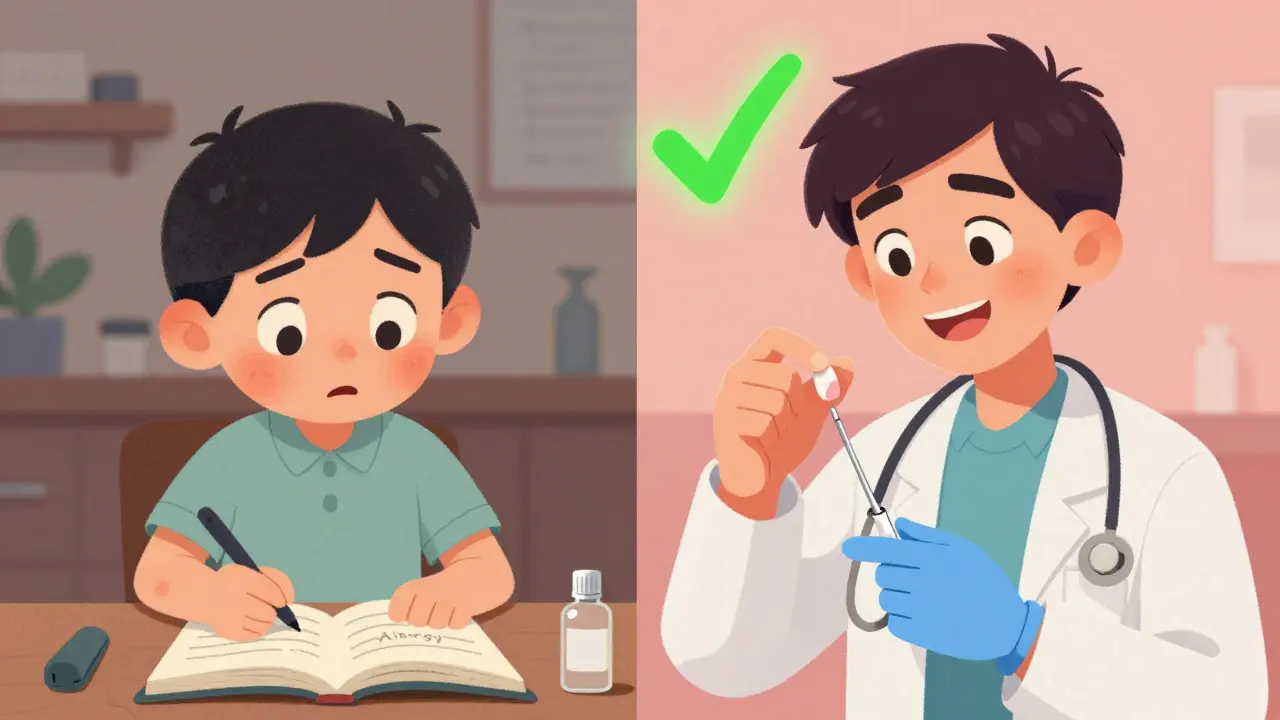 A child with a rash grows into an adult who safely takes penicillin after allergy testing.