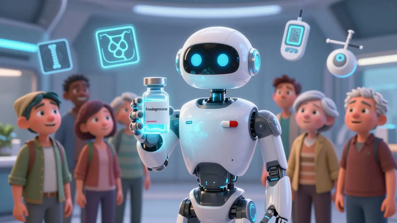 A futuristic medical robot holds a new drug next to a steroid pill, with patients and health icons surrounding them.