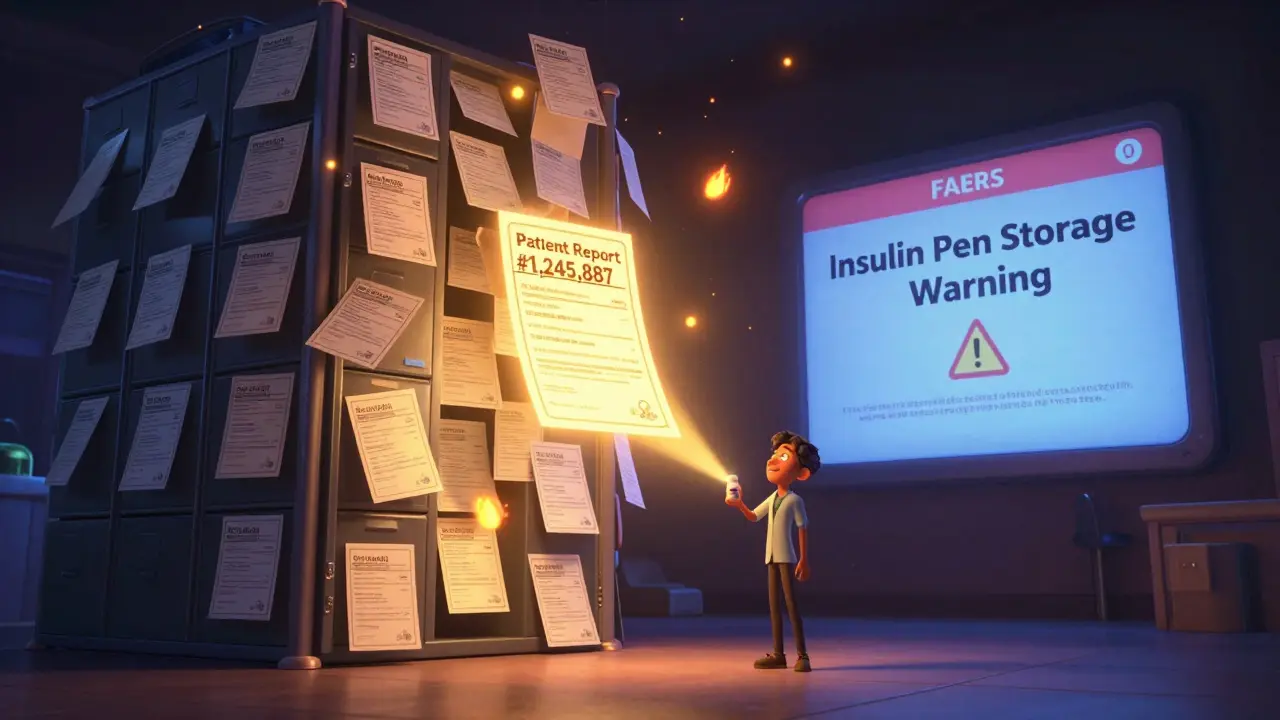 A glowing FDA database filled with report cards, one shining bright as it triggers a public safety warning.