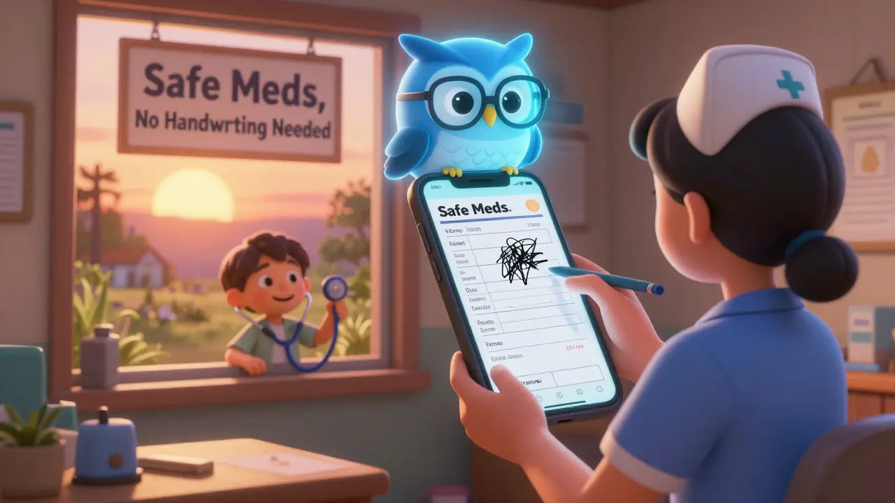 A nurse photos a handwritten script, and a friendly AI owl transforms it into a safe digital version in a rural clinic.