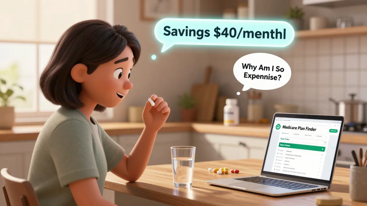 A patient happily taking two pills at home with a savings banner, while a lonely expensive combo pill sits unused on a shelf.