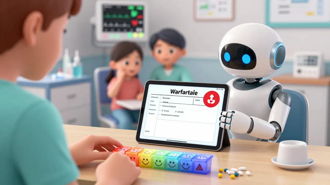 A patient uses a colorful pill organizer while an AI robot flags missing warfarin, with a family member calling a pharmacist.