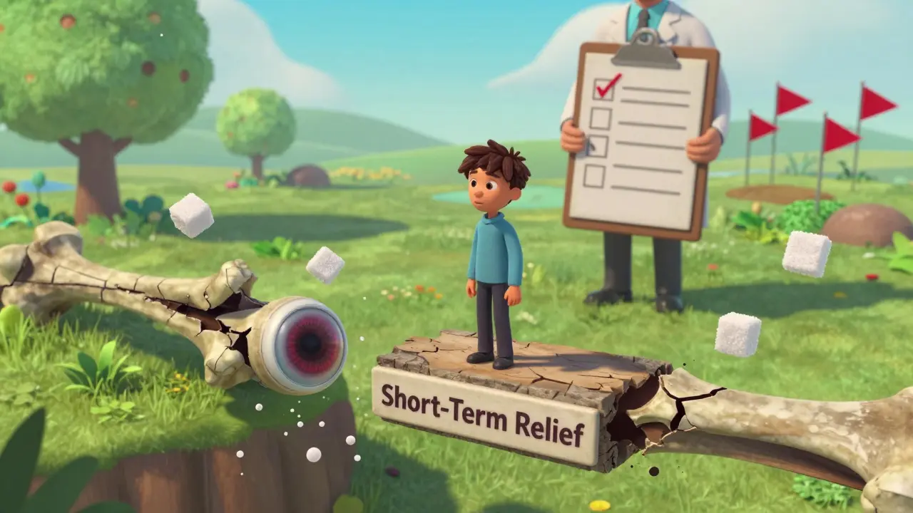 A person on a crumbling bridge labeled 'Short-Term Relief' faces two paths: one healthy, one filled with medical risks.