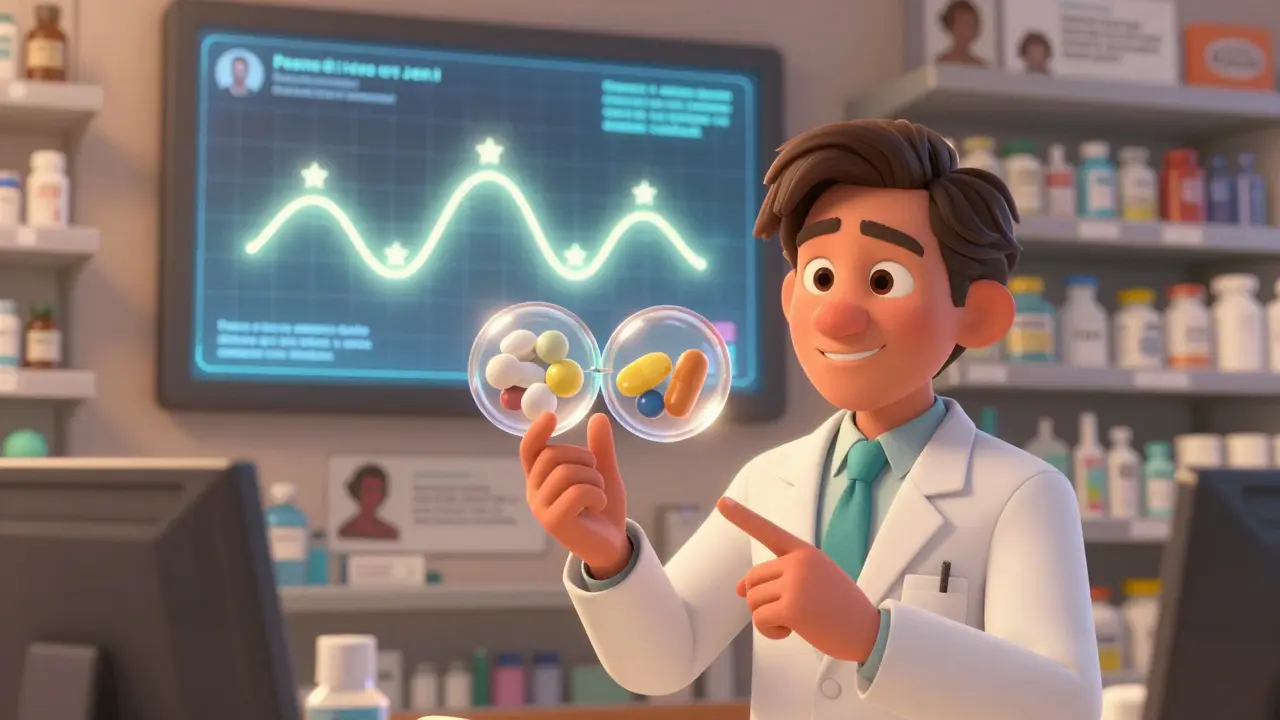 A pharmacist explains identical active ingredients in generic and brand pills using a transparent split pill, with positive reviews glowing nearby.