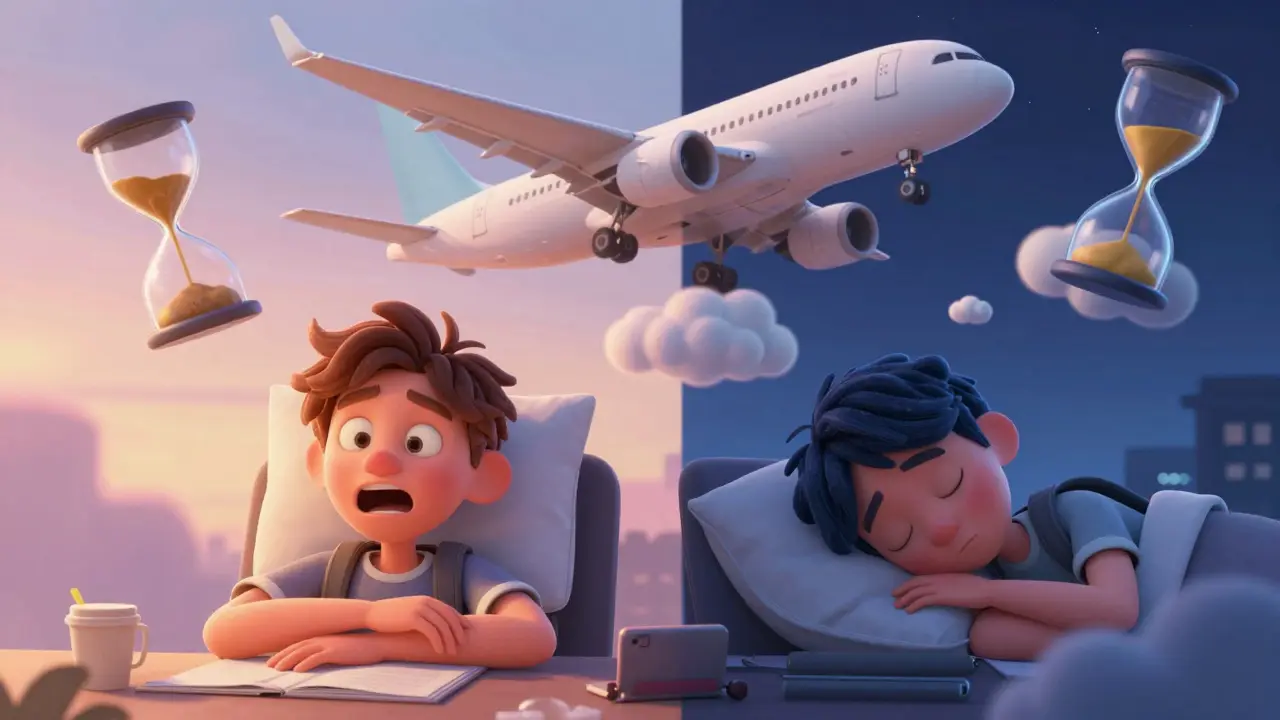 A traveler split between two time zones, one side awake in daylight, the other asleep in night, with a plane cutting through a divided sky.