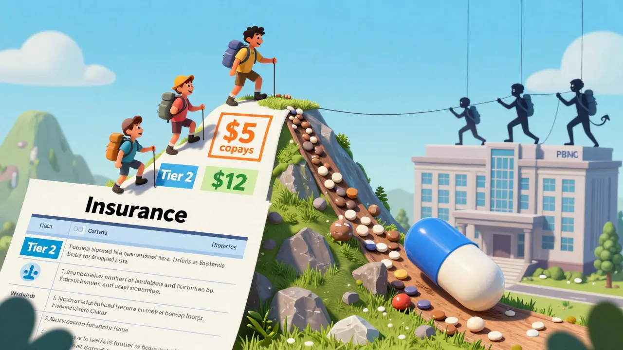 A whimsical mountain chart where cheap generics climb easily while a combo pill struggles up a steep Tier 2 path.