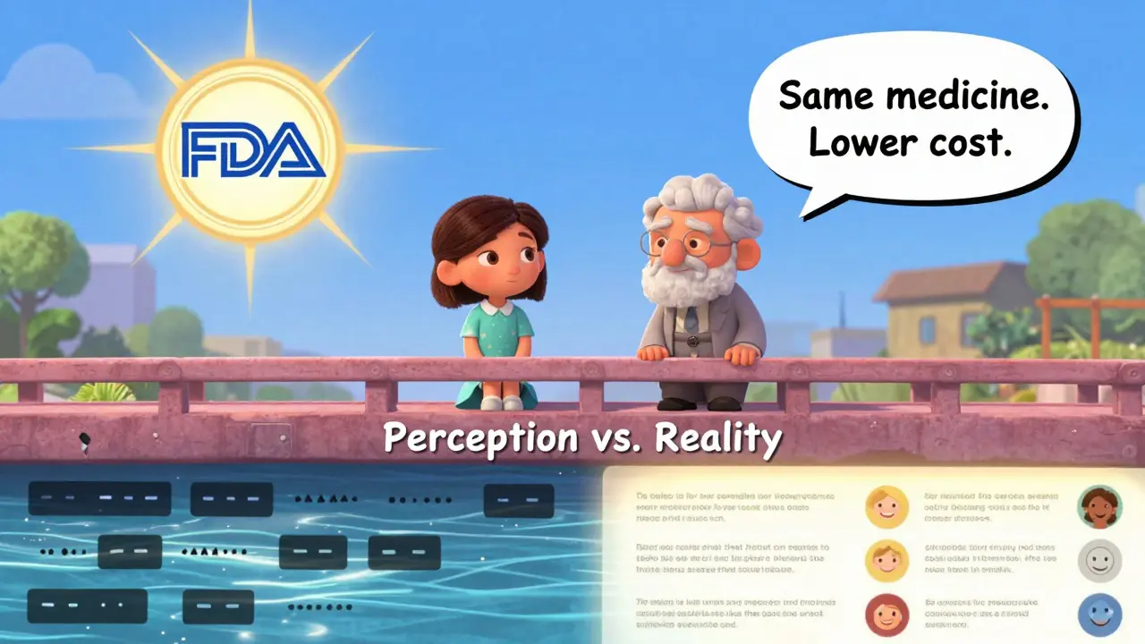 A young and elderly patient on a bridge between negative reviews and positive facts, with a pharmacist's message about generic medication.