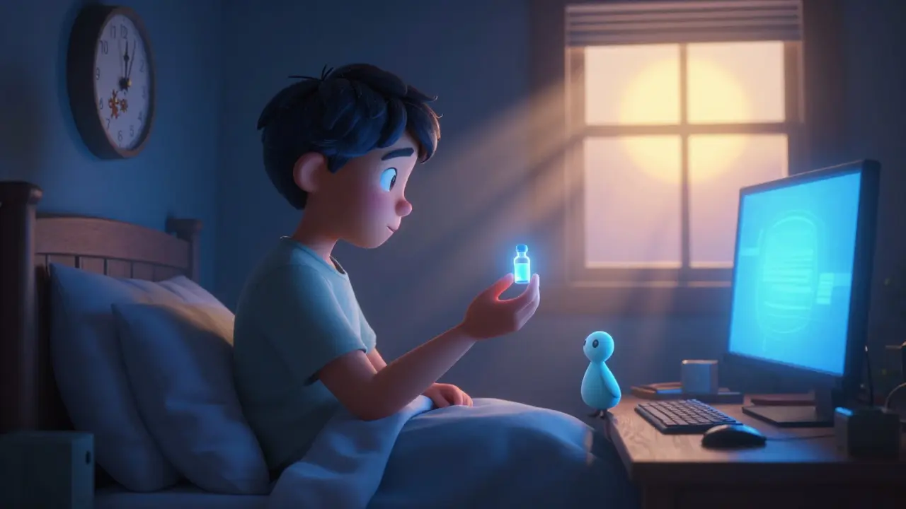 A young person at 3 AM with blue screens, a melatonin sprite offering light, and dawn breaking through the window.