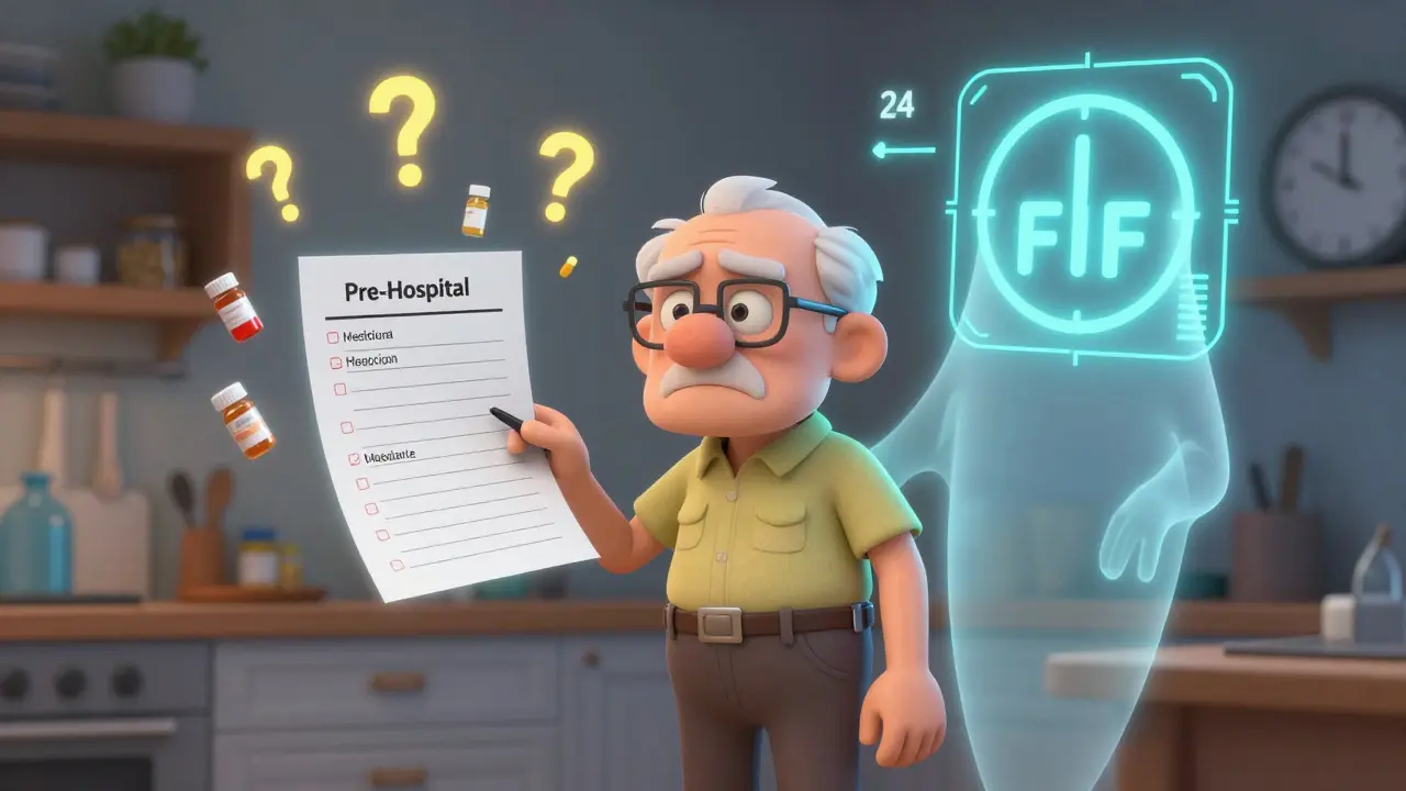 An elderly man sees floating pill bottles and a ghost list in his kitchen, with a digital FHIR icon glowing on the wall.