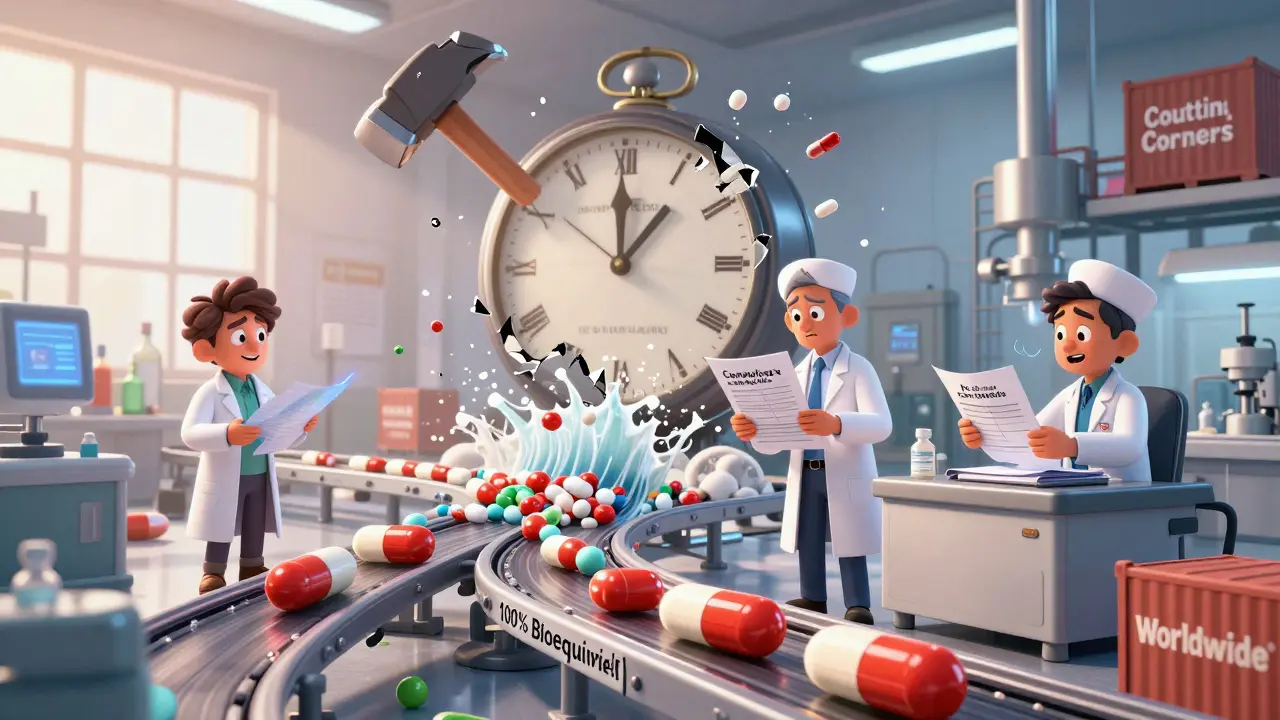 Anthropomorphic pills rolling through an Indian factory as a patent clock shatters