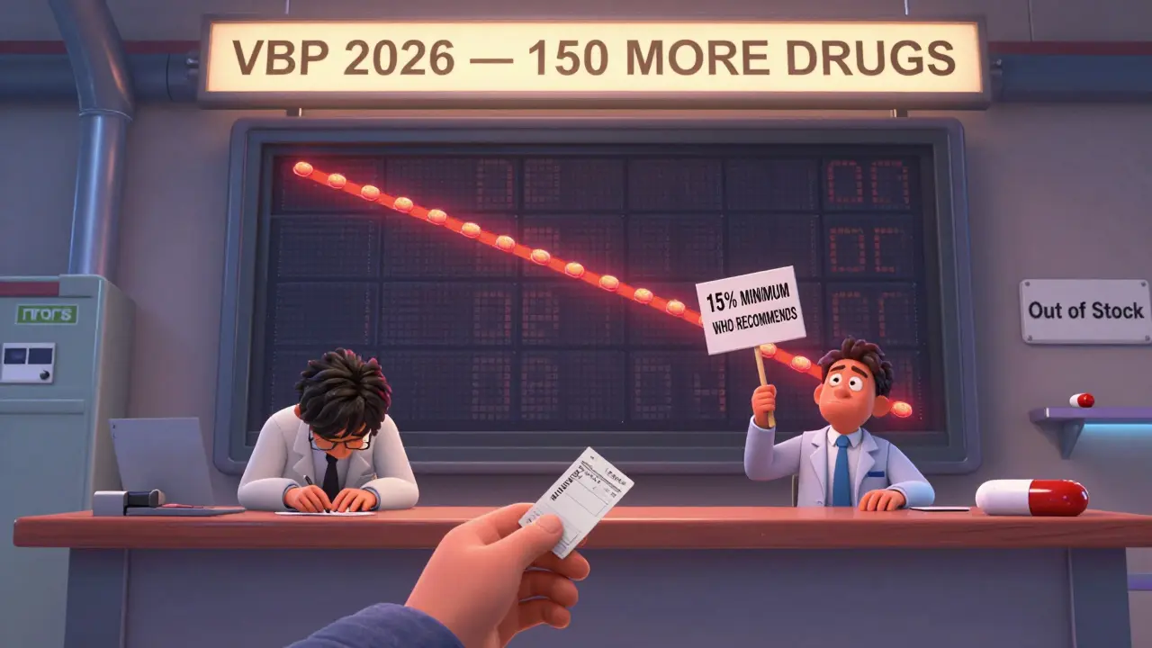 Auction scene in Beijing with plummeting drug prices and a patient reaching for a missing pill