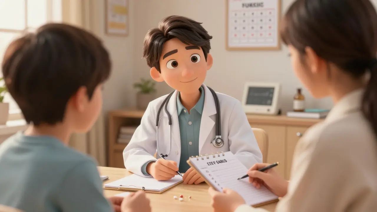 Doctor and patient discussing SNRI tapering plan with pill diary.