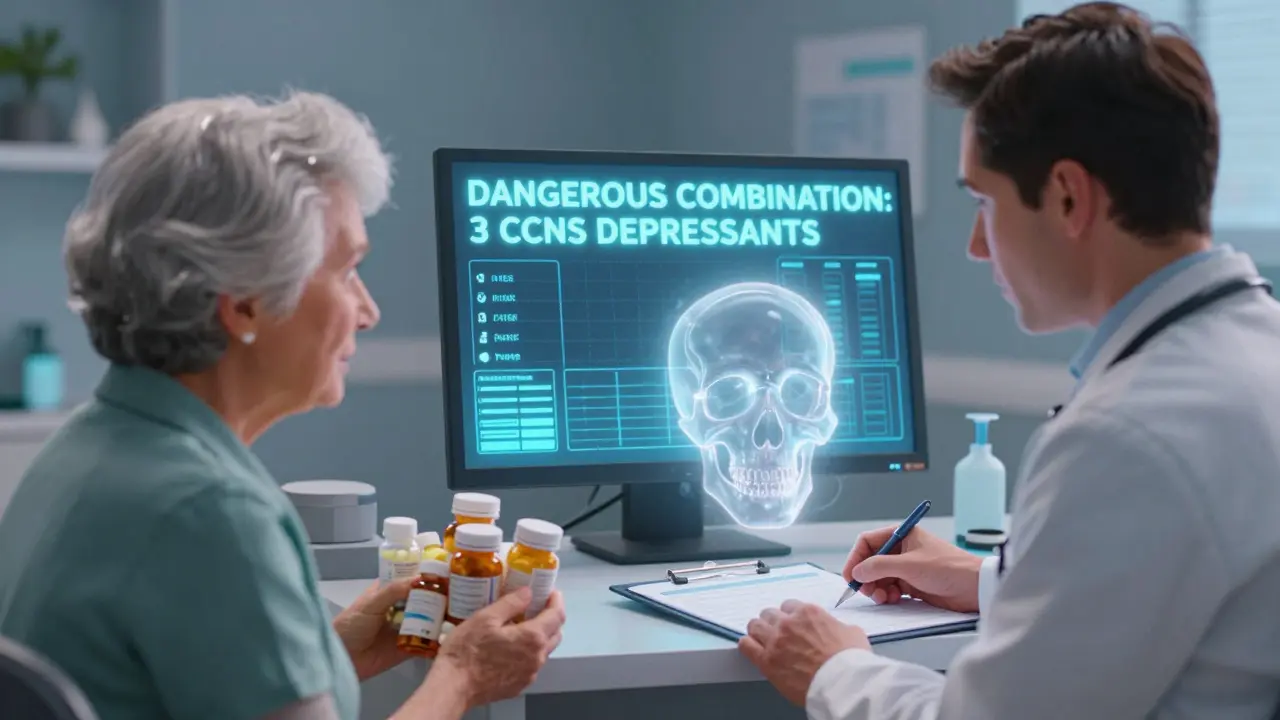 Doctor and patient in office facing a glowing warning on an electronic health record screen about dangerous drug combinations.
