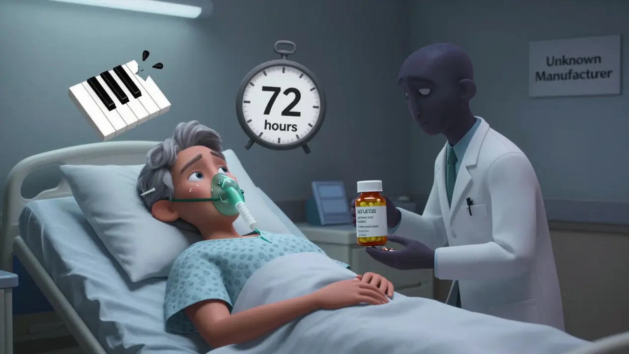 Elderly patient in hospital bed with floating symbols of dosage inconsistency, pharmacist holding labeled pill bottle, Pixar style.